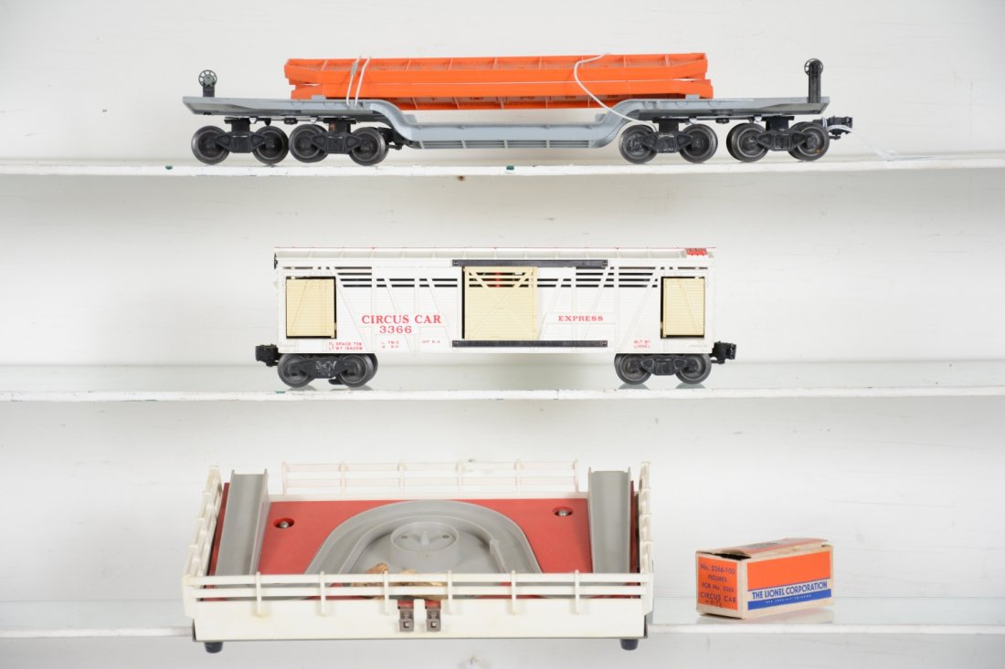 Clean Lionel 3366 & 6418 Freight Cars: Includes a 3366 circus car with corral. Both are clean with -100 horses. Cars doors have yellow slightly and 2 horses stuck to platform, leaving marks, 1 glued railing, C7ish; 6418 flat with girders,