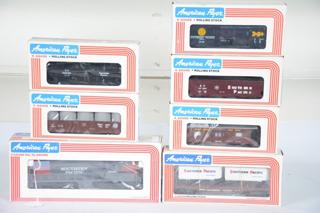 Lionel American Flyer SP Diesel Set: S Gauge. Includes 48000SP GP-9 diesel; 48300 boxcar; 48501 flat with vans; 48500 gondola with canisters; 48400 tank car; 48600 hopper; 48700 caboose. All are new in boxes, C10