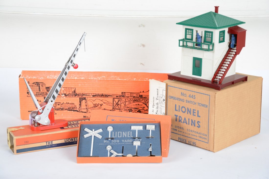 Boxed Lionel Accessories: Includes a 445 operating switch tower with instructions and insert, C8; 332 trestle bridge, unused in partially open box, C9+; 152 crossing gate with instructions, ob C6; 309 sign set, C8