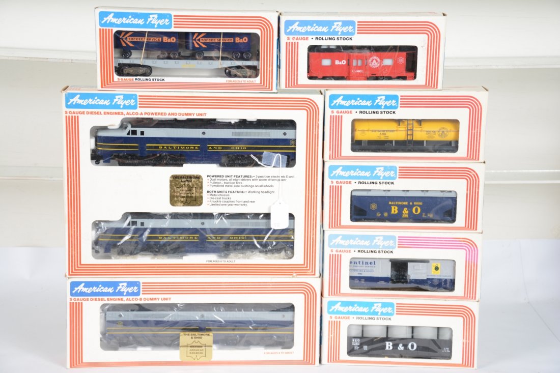 Lionel American Flyer B&O PA Diesel Set: S Gauge. Includes a 8153 AA diesels; 8154 B-Unit; 9000 van flat; 9102 tank car; 9702 boxcar; 9301 gondola; 9201 hopper; 9401 caboose. All are unrun with boxes, C10