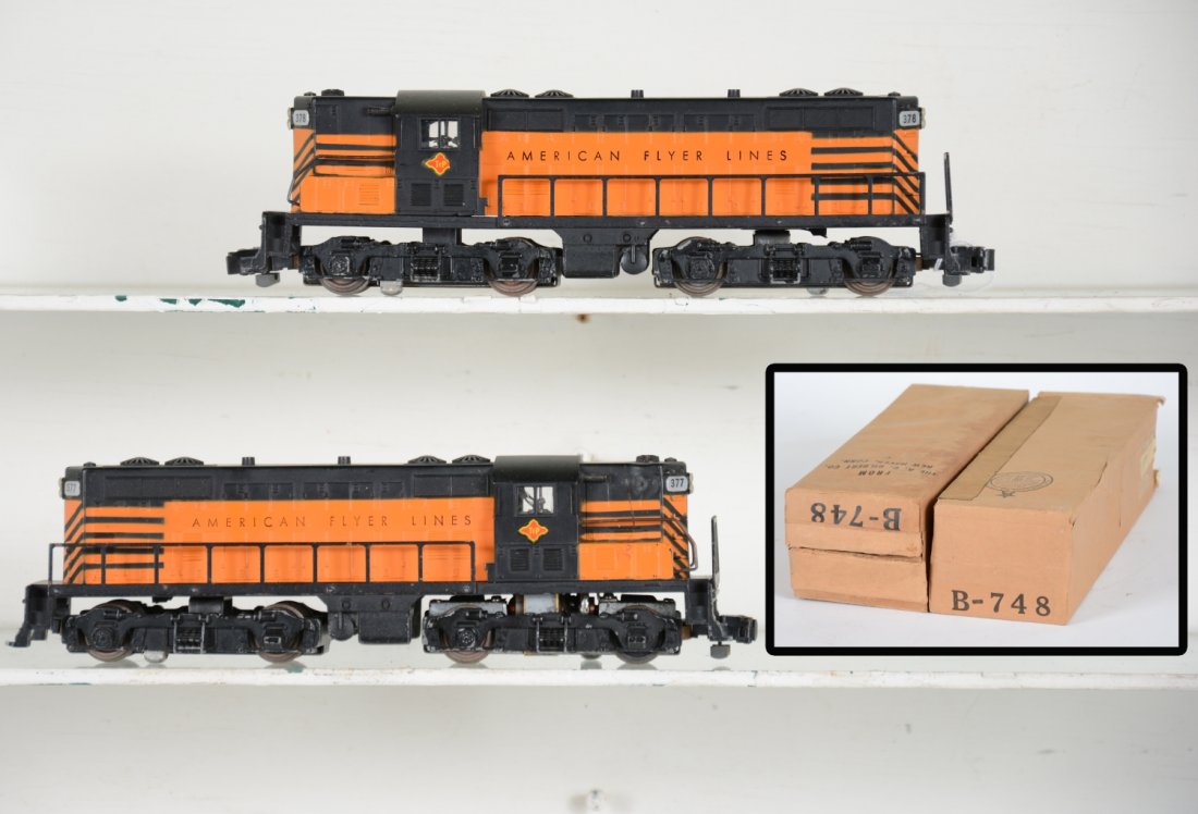 Boxed American Flyer 377 & 378 MR AA Diesels: S Gauge. Nice clean cabs with 100% decals. Cast frames are intact with each unit missing 1 end rail, 1 missing a coupler. They show light runtime with nice boxes, finish is C7+