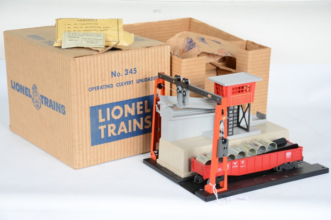 NMint Boxed Lionel 345 Culvert Unloader: Awesome example with unrun 6362 gondola. It has its opened packet, complete with brick box and all inserts, C9+ WOW!