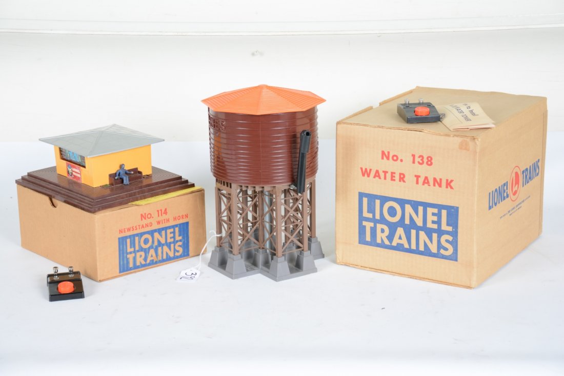 Clean Boxed Lionel 114 & 38 Accessories: Includes a 114 Newsstand with horn with 90c & instructions; 138 water tower with instructions & 90c. Both are clean, showing very light sings of use with nice boxes, C7+-8