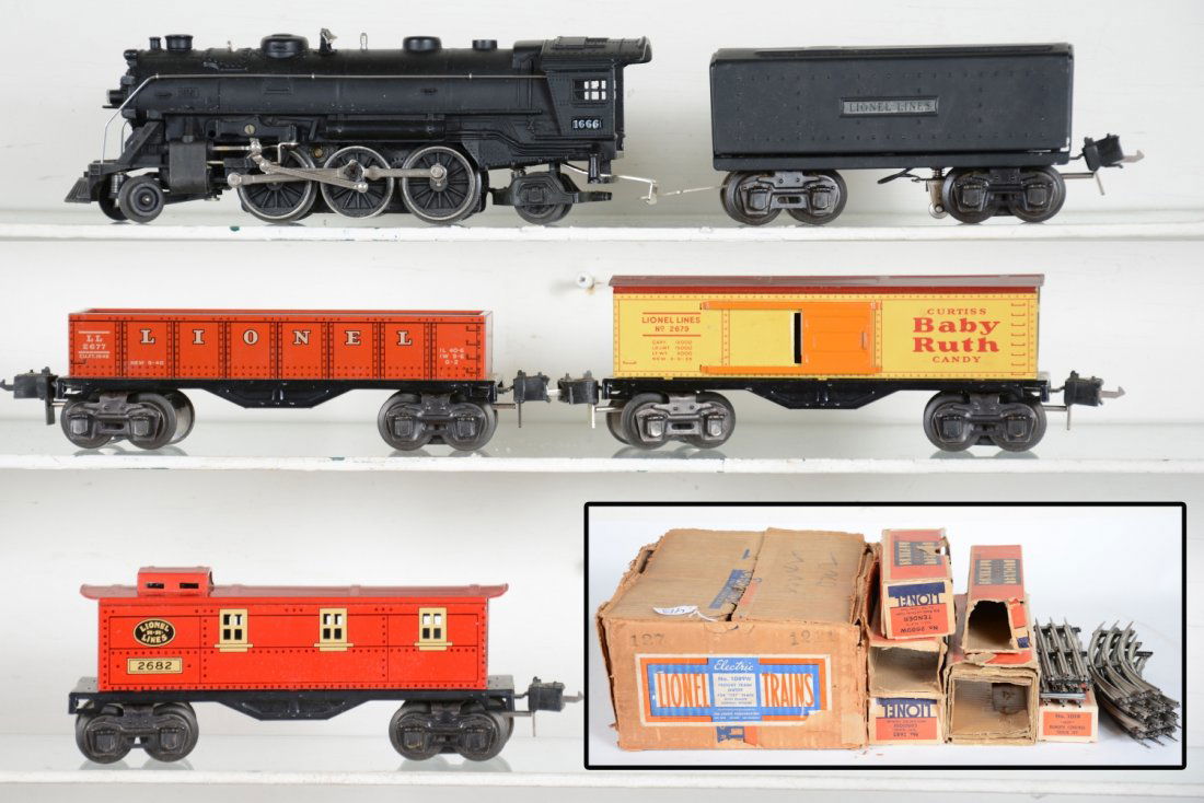 Boxed Lionel 1666 Set 1089W: Circa 1941. Includes a 1666 steam loco; 2689W tender 2677 gondola with 4 split drums; 2679 boxcar; 2682 caboose. Includes track and rough boxes and setbox. Trains are super and show light playwear, C8