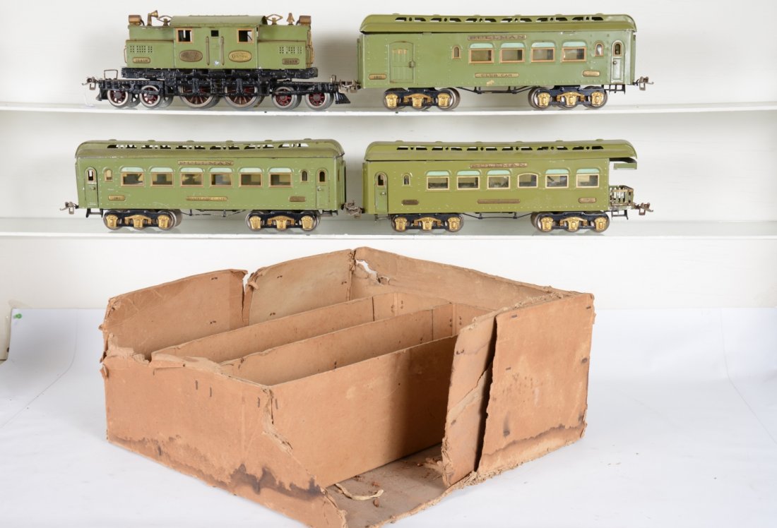 Ives 3243 Passenger Set: ST Gauge. Includes a 3243 4-4-4 electric loco, motor is clean with gold trim, small dent under pantograph 1 side; 180 combine, roof restored: 181 coach, roof 20% flaking, missing 1 roof hinge; 182 obs