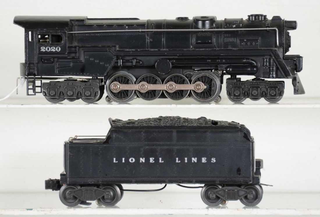 Clean Early Lionel 2020 PRR Turbine: Clean with 100% nose decals. Smoke bulb version with early 2020W tender, silver heat stamp lettering. It has nice satin patina, showing light playwear, C7+ Nice.