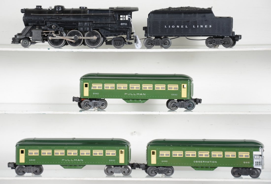Nice 5Pc Lionel 675 Passenger Set: Includes a 675 steam loco, clean satin patina with light oxidation on eccentric rods, pilot blackening is a bit light; matching 6466WX tender, both C7; 2 #6440 Pullmans & 6441 observation, cars are su