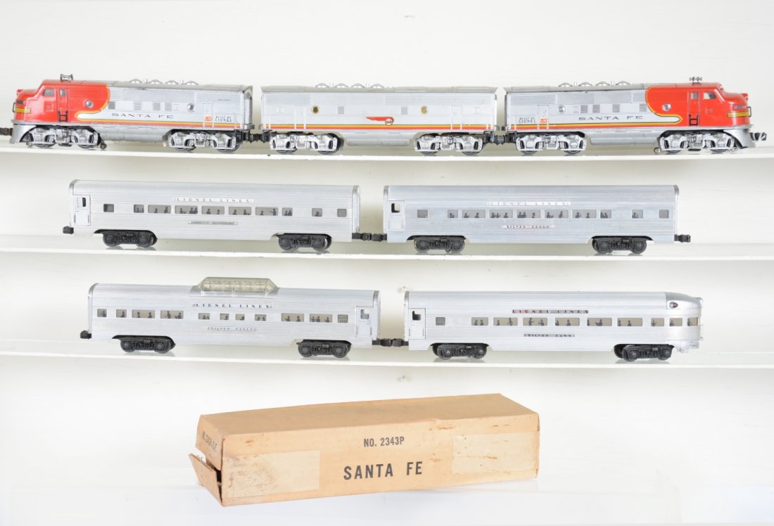 Lionel 2343 ABA Passenger Set: This set spans 8 feet and make an impression on your layout! Includes a 2343 SF F32 ABA diesels with worn power box. The dual motor power unit has a clean battery box. AA units have replaced port hole