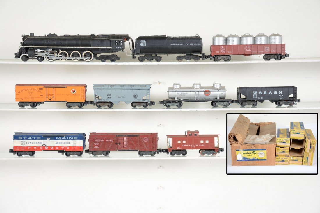American Flyer Set 5665W New Challenger: S Gauge. Circa 1956. Includes a 336 UP Northerns, nice stripe and lettering; 629 stock car; 982 SOM boxcar, 940 Wabash hopper; 916 D&H canister gondola; 926 Gulf tank; 947 NP reefer; 924 JC cement car