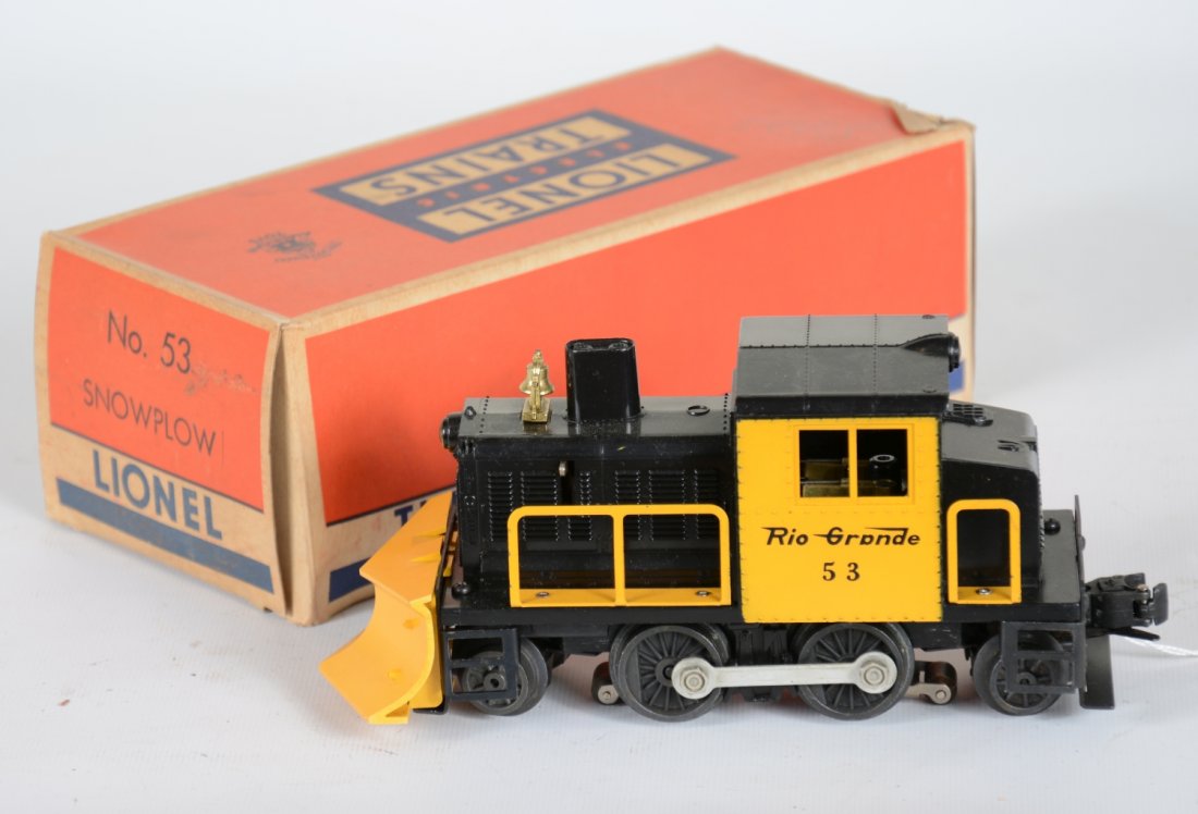 Boxed Lionel 53 RG Snow Plow: Clean with 1 hairline strut crack. It show light runtime with nice box, otherwise C7-7+