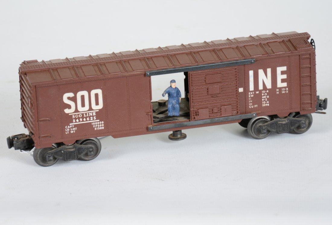 Clean Lionel 3494-625 SOO Operating Boxcar: Scarce car in great shape with bright lettering and nice matte tuscan finish. It shows light runtime, C8 Nice example!