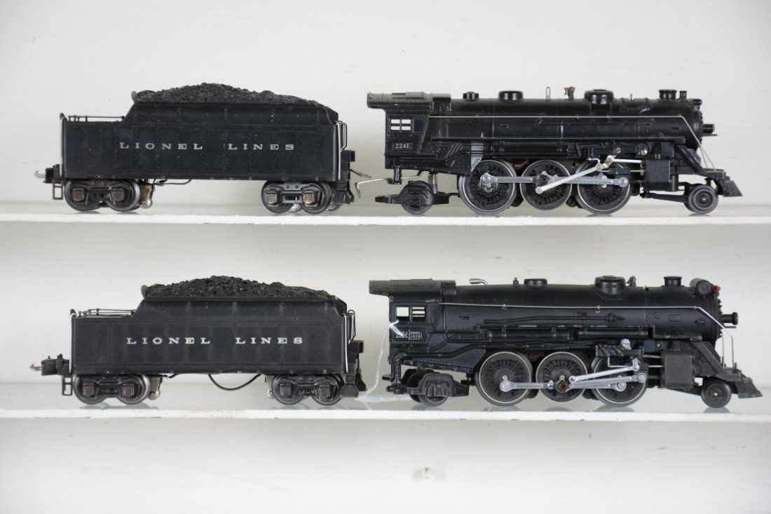 Lionel 224E & 225E Steam Locos: Both are clean with bright rods, both have 2224W diecast whistling tenders, 1 has high box couplers, other low. They all show light to moderate playwear, C7