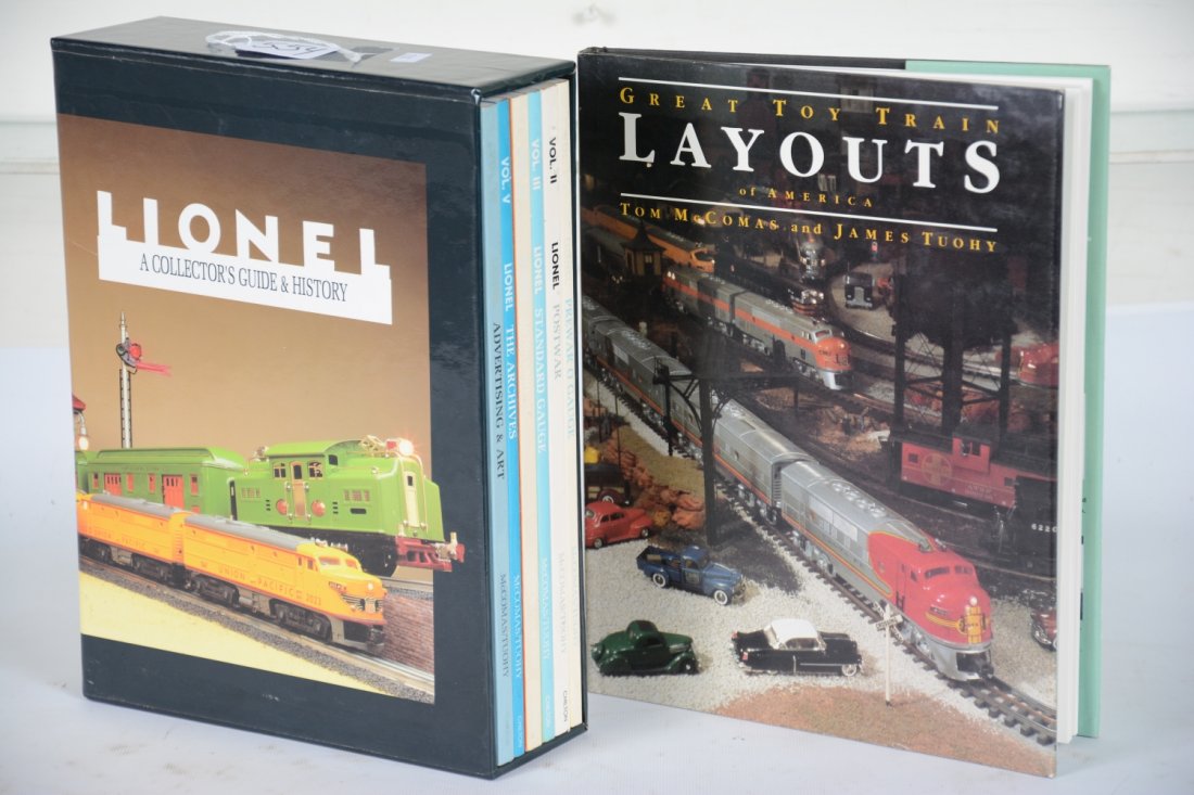 Nice T&M Reference Books: Includes the 6-book set Collectors Guide to Lionel Trains with sleeve, spins slightly faded, books LN; Great layouts book, all clean.