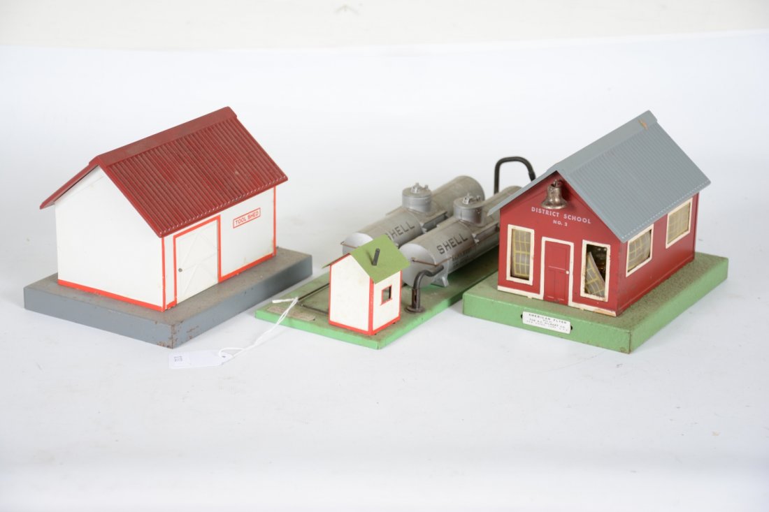 American Flyer 50, 585 & 768 Accessories: S Gauge. Includes a 50 school, missing chimney; 585 tool shed; 768 Shell oil supply depot. Otherwise all are fairly clean, showing light playwear, C7