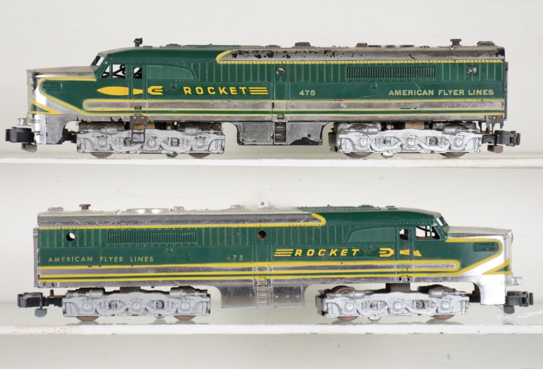 American Flyer 474 & 475 Rocket Diesels: S Gauge. Chrome PA Alcos with power unit having 20% black wear spots, C5.Dummy unit is better than most, missing horns, C7
