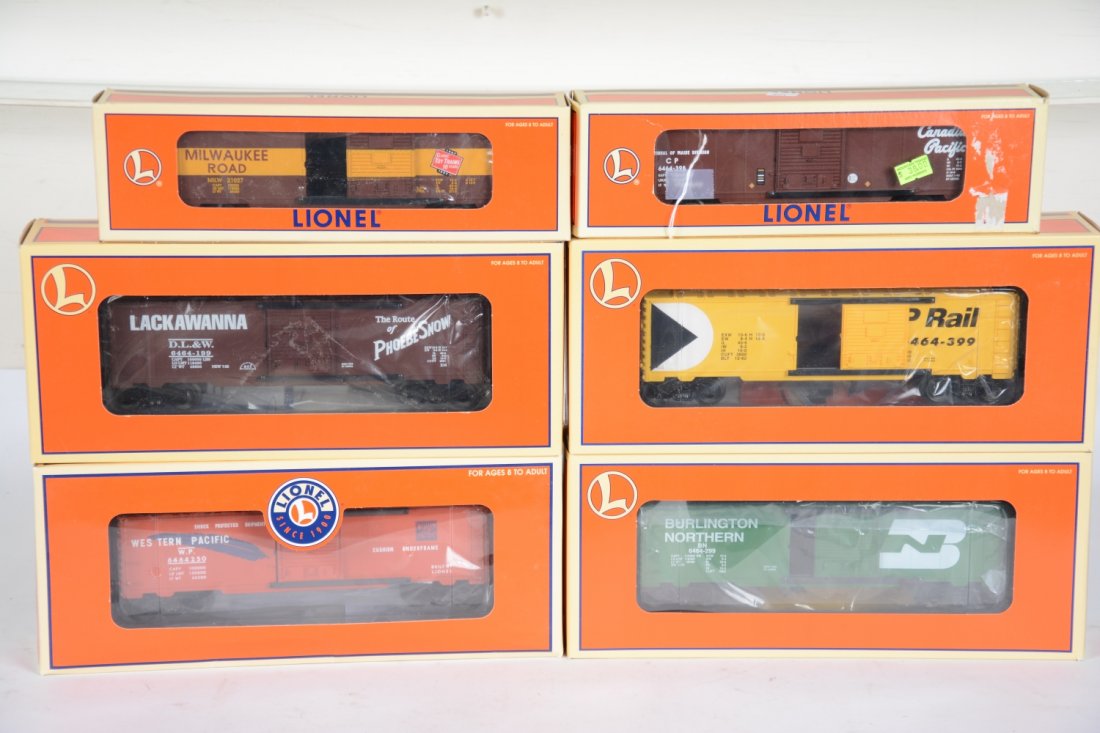 Lionel 6464 Style Boxcars: Includes 52126 MR; 29215 CP, ob skinned; 29252 CP; 29251 BN; 29250 Phoebe Snow; 39236 WP. All are new in boxes, C10