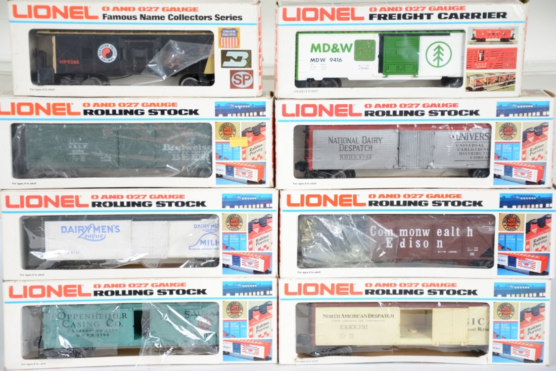 Lionel MPC Freight Cars: Includes reefers- 5703 AND; 5700 Oppenheimer; 5701 Dairyman's; 5704 Budweiser; 5702 National; 6112 Edison hopper; 9416 MD&W boxcar; 9268 NP bay window caboose. All show light runtime with C9 bodies an