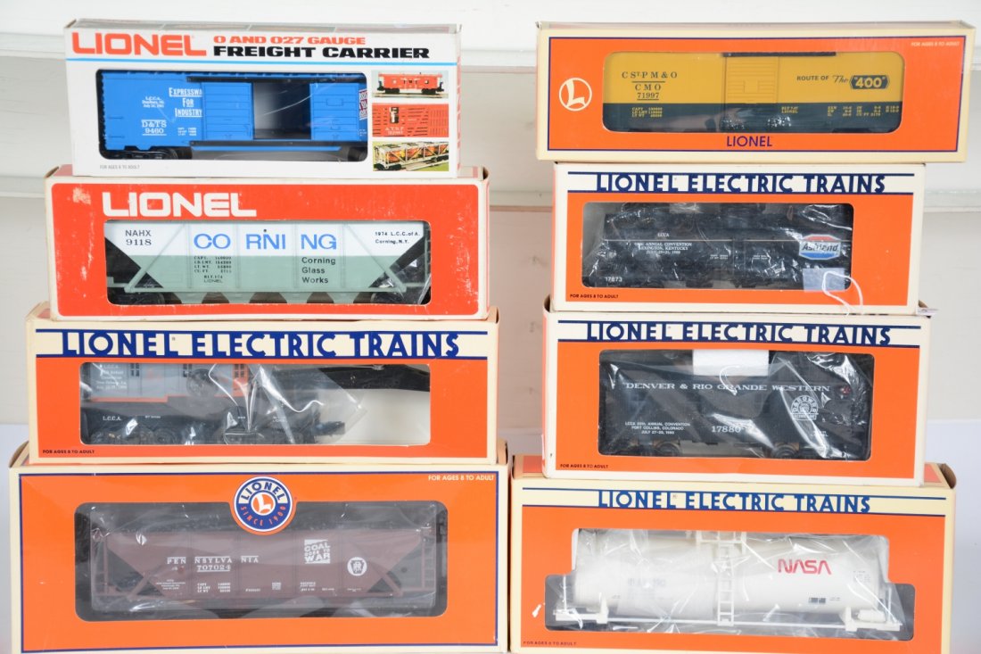 8 Lionel LCCA Freight Cars: Include 52110 CMO boxcar; 17873 Ashland tank; 17880 DRGW caboose; 17889 NASA tank; 9460 D&TS boxcar; 9118 Corning hopper; 6567 crane; 52266 PRR Quadhopper. All are new in boxes, C10