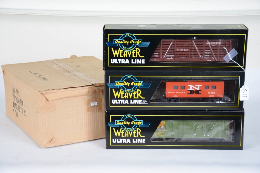 Weaver & K-Line Freight Cars: Includes a K-Line K770-026IC 3-car spline set with trailers; Weaver 4602 Century Beer reefer; C-516 NH caboose; 110150 MR stock car. All appear new in boxes, c10
