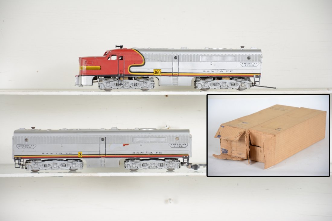 Boxed American Flyer 360 & 361 Diesels: S Gauge. Includes a 360 & 361 SF PA Alco AB diesels. Clean silver, each missing 1 side decal. They show light runtime with brick boxes, otherwise C7