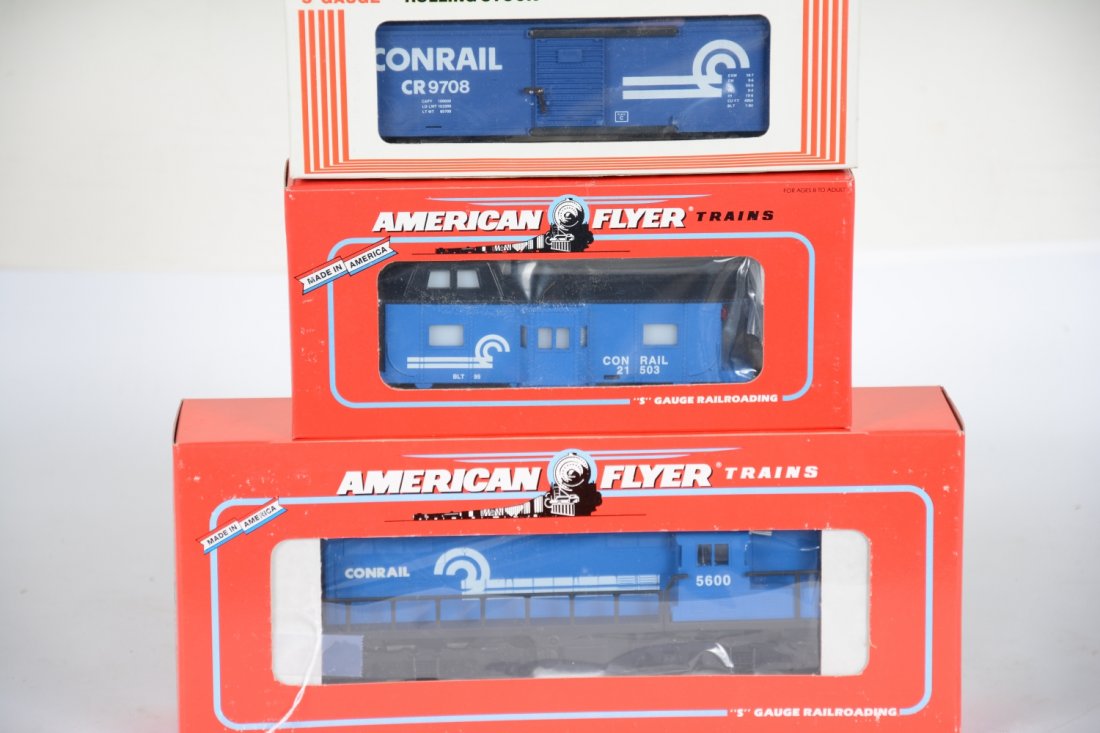 Lionel-American Flyer Conrail Diesel Set: S Gauge. Includes a 48013 Conrail GP7 diesel; 9708 boxcar; 48710 bay window caboose. All are new in boxes, C10