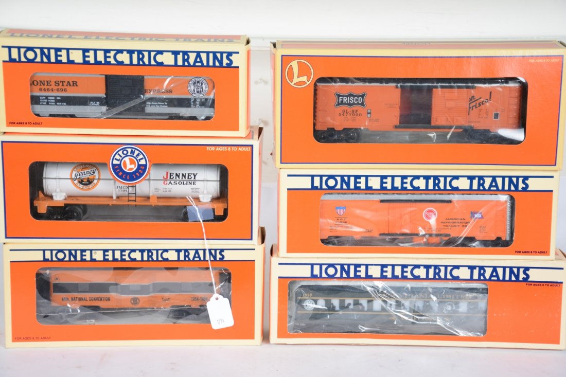Lionel TCA Freight Cars: Include Jenney Gas tank car; 17879 Pullman; 52036 caboose; 52093 Lone Star boxcar; 17898 ART reefer; 52198 Frisco boxcar. All appear new in boxes, C10