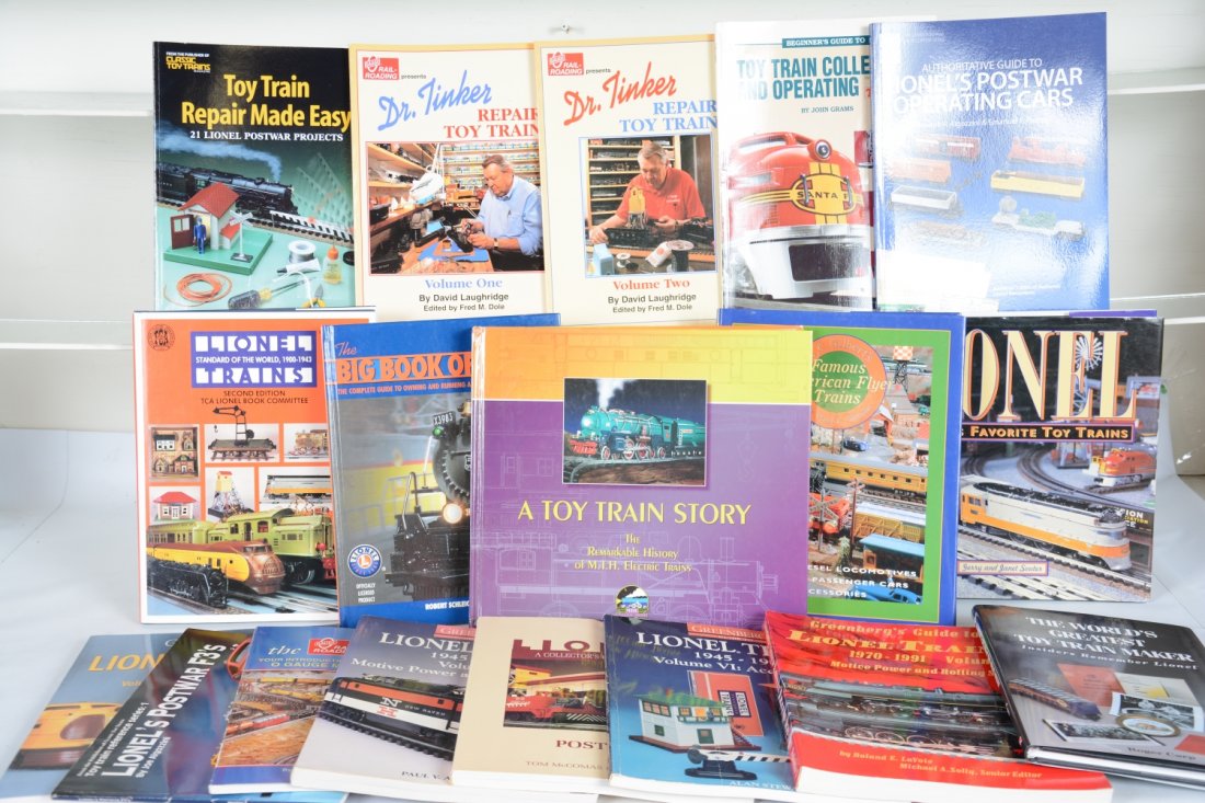 Toy Train Reference Books: Hear is a chance to get a great start to your library. Includes 6 hardcover books, all staples in a great library, plus 10 assorted soft cover editions, all clean showing light use. See photos for con