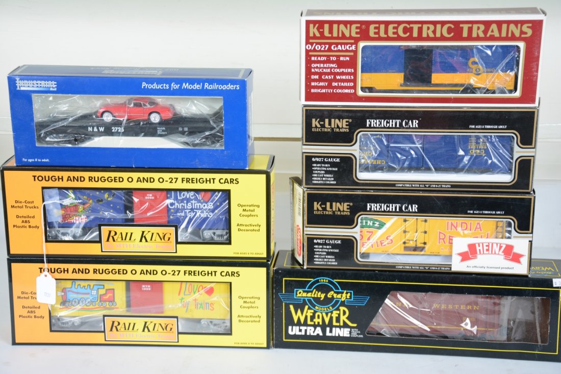Assorted Modern Freight Cars: Includes MTH 30-7451 Christmas boxcar; 30-7499 I Luv Trains boxcar; Weaver N&W boxcar; Industrial N&W flat with Corvette; K-Line k640802 C&O boxcar; 642-5202 Heinz reefer; 644-1251 C&O boxcar. All sho