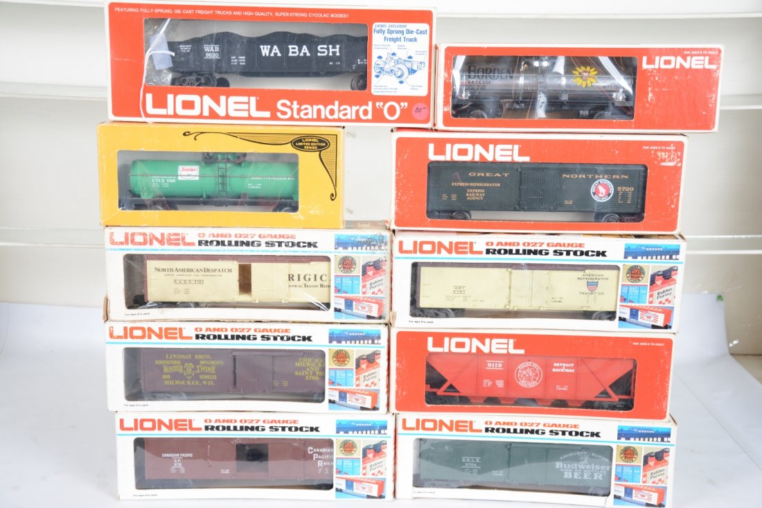 Lionel MPC Freight Cars: Includes 9154 Borden's Tank, C10; 9119 D&M hopper; 5703 AND reefer; 9369 Sinclair tank; 5707 ART reefer; 5720 GN reefer; 9820 Wabash gondola; 5704 Budweiser reefer; 5710 CP reefer; 5706 LB&B reefer. R