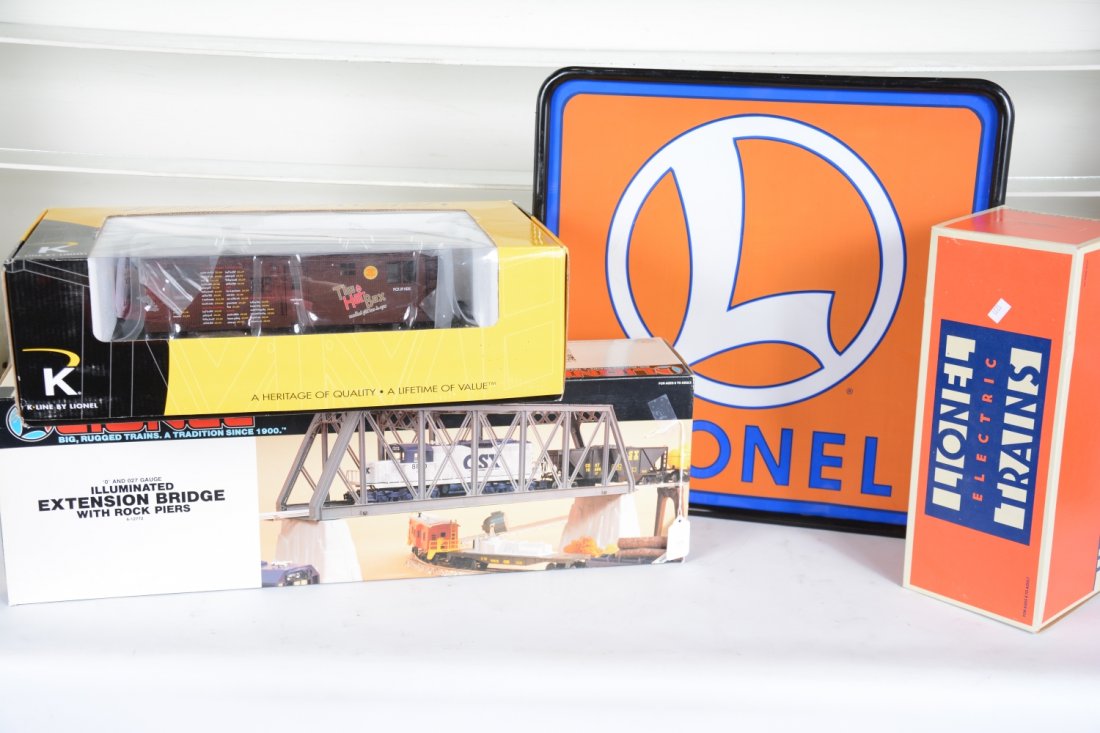 Modern Train Accessory Lot: Includes a light-up Lionel sign, C7; 12702 control tower, ob; 12772 lighted trestle bridge, ob; K-Line 22192 operating BBQ shack. Rest show light use with boxes, C8+