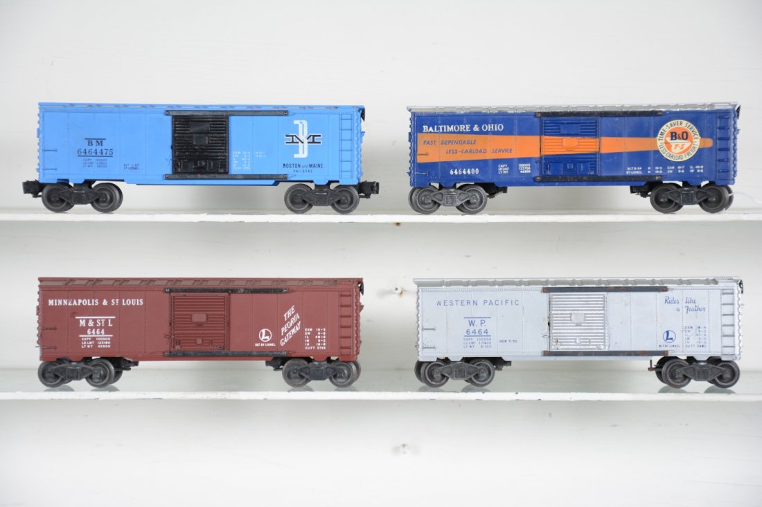 4 Lionel 6464 Boxcars: Includes a 6464-475 B&M, type II body, painted on blue mold, early frame, C7; 6464-1 WP boxcar, type I, C6+; 6464-50 M&StL, cracked body; 6464-400 B&O boxcar, roof restored, nice decals, rest C5
