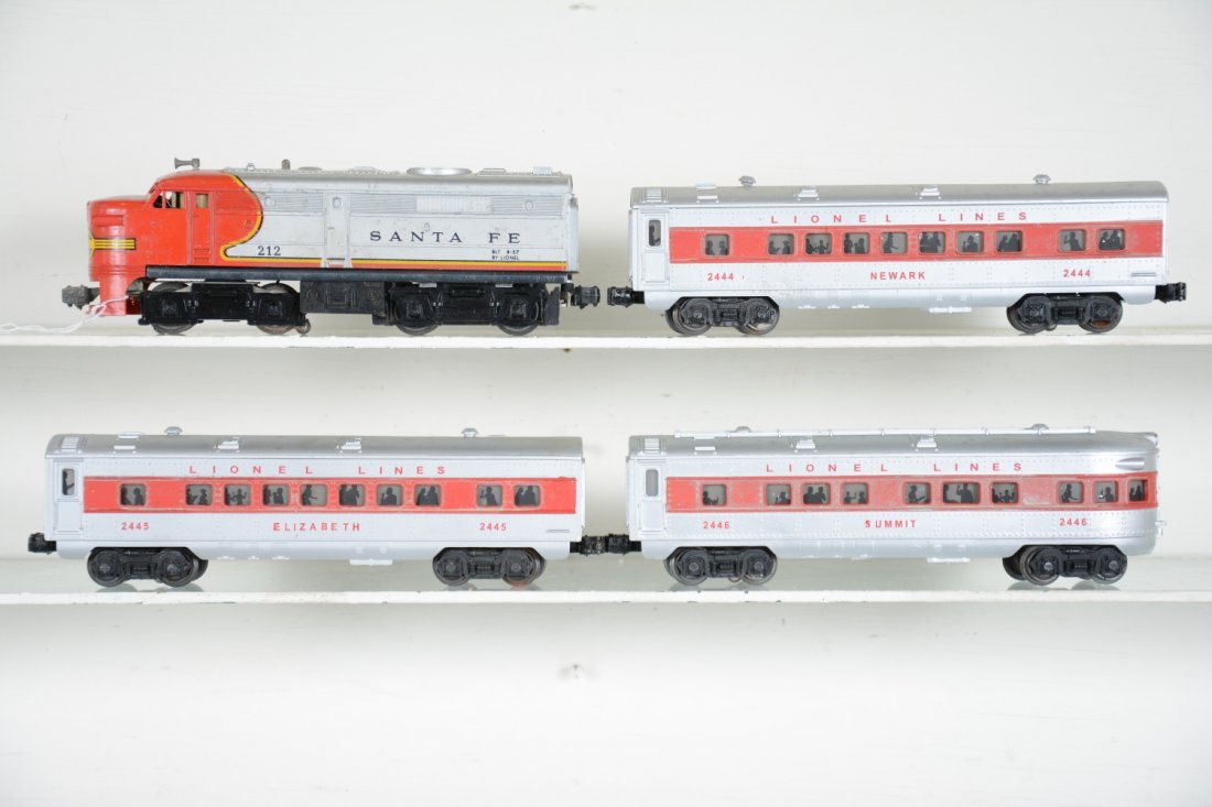 Lionel Passenger Set: Includes a 212 SF Alco A diesel, some battery corrosion on bracket inside, repaired cowl; restored 2444, 2445 & 2446 passenger cars. Loco body is C6