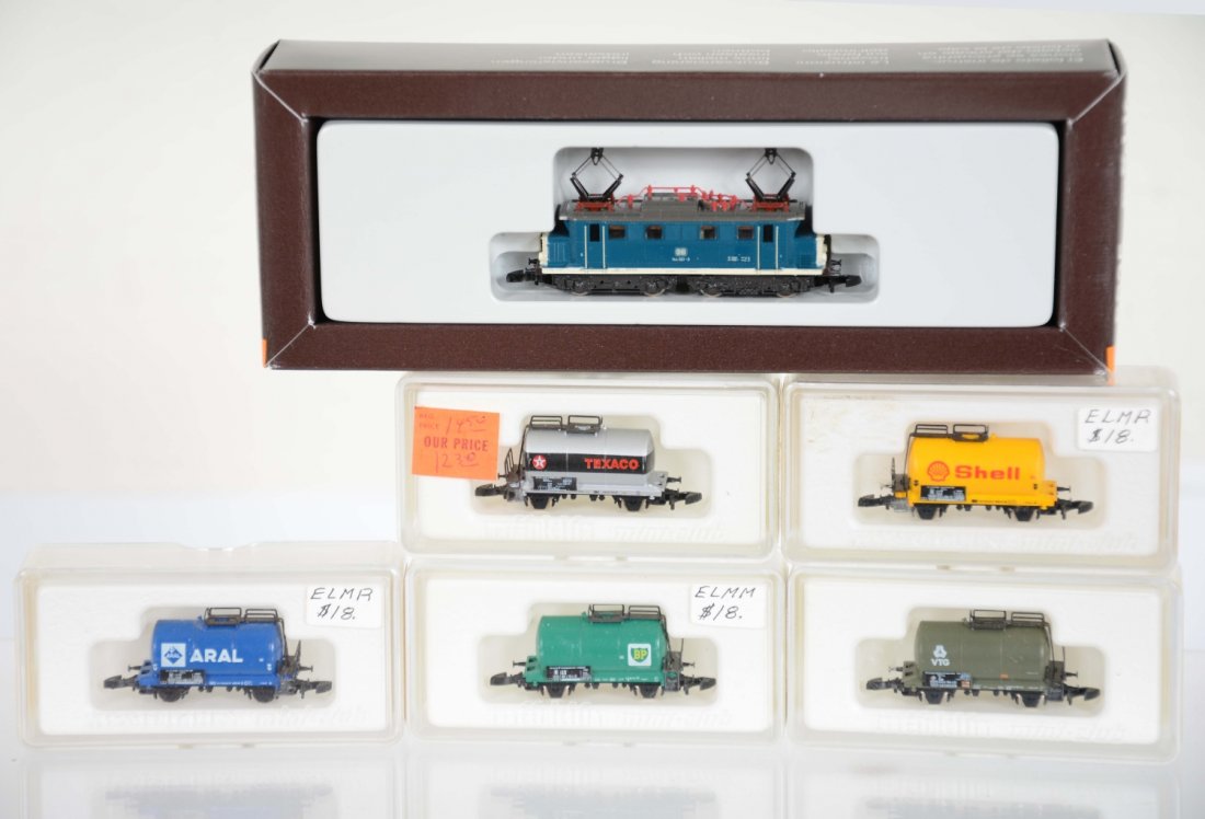 Marklin Z Gauge DB Tank Car Train: Includes an 8825 BO-BO electric; tank cars- 8611, 8613, 8614, 8629 & 8659. All appear new in boxes, C10