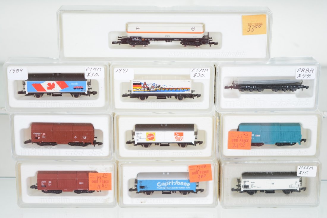 Marklin Z Gauge Freight Cars: Includes reefers- 8600, 8631, 8633 & 2102A; 2511A container car; 82351 stake flat; steel coil cars- 8653, 8635 & 86351; 8608 gas car. All appear new in boxes, C10