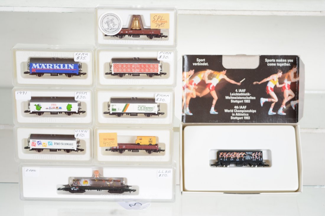 Marklin Z Gauge Commemorative Freight Cars: Includes 31964 1993 Sports container flat; 2167A tank car; 2451a Marklin reefer; 2453S Marklin reefer; 2106A 1991 reefer; 150 Jahre Doring reefer; 88606 flat with bell; 1988 FAO Schwarz reefer; 88611 