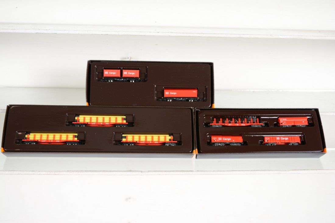 Marklin Z Gauge DB Cargo Freight Cars: Includes 82367 2-container cars; 82500 4-car set; 86552 3-pipe cars set. All appear new in boxes, C10