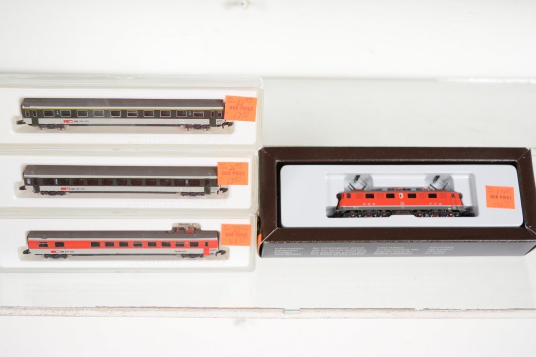 Marklin Z Gauge Swiss Passenger Set: Includes an 8849 0-6-6-0 electric; 8745 coach; 8746 coach; 8747 restaurant car. All appear new in boxes, C10