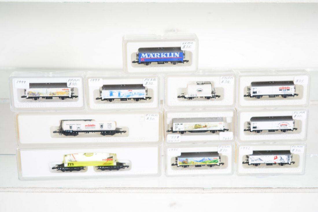 Marklin Z Gauge Commemorative Freight Cars: Includes 86191 glass tank car; reefers- 2114A, 2110A, 2108A, 2165A, 2451A, 2509A & 1985 club; 2125A tank car; 31741 tank car. All appear new in boxes, C10