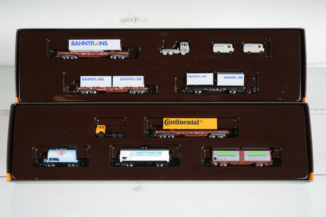 Marklin Z Gauge 8695 & 82503 Freight Car Assortments: 8695 5-pc set; 82503 Bahntrans 6-pc set. Both are new in boxes, C10