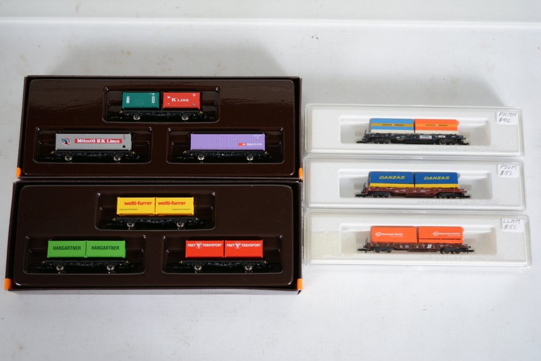 Marklin Z Gauge Container Cars: Includes 82368 3-car set; 82360 3-car set; 82282; 82280 & 82281. All are new in boxes, C10