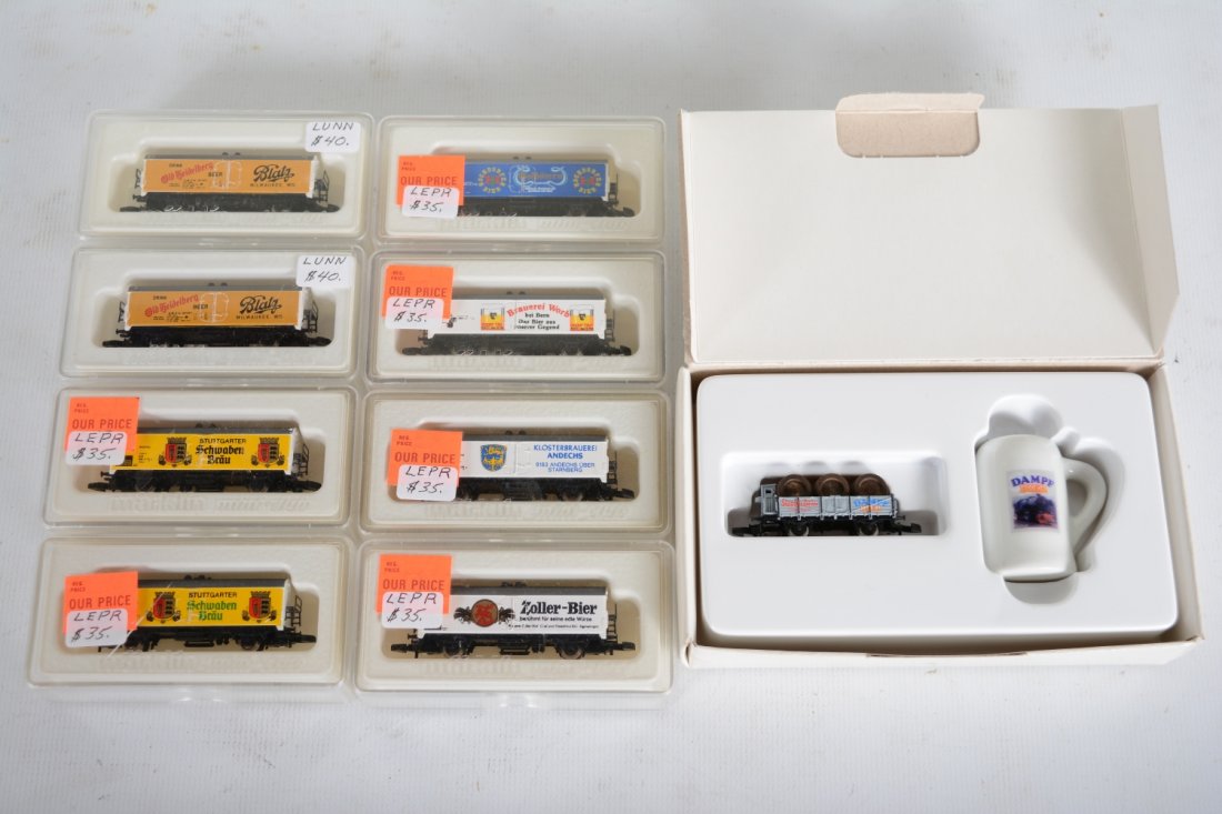 Marklin Z Gauge Beer Reefers: Includes an 82323 Dampf with mug; 2 Blatz Beer; 2 different Schwaben Brau; Zoller-Bier; Goldstern bier; Brauerie Worb; Kloisterbauere. All are new in boxes, C10