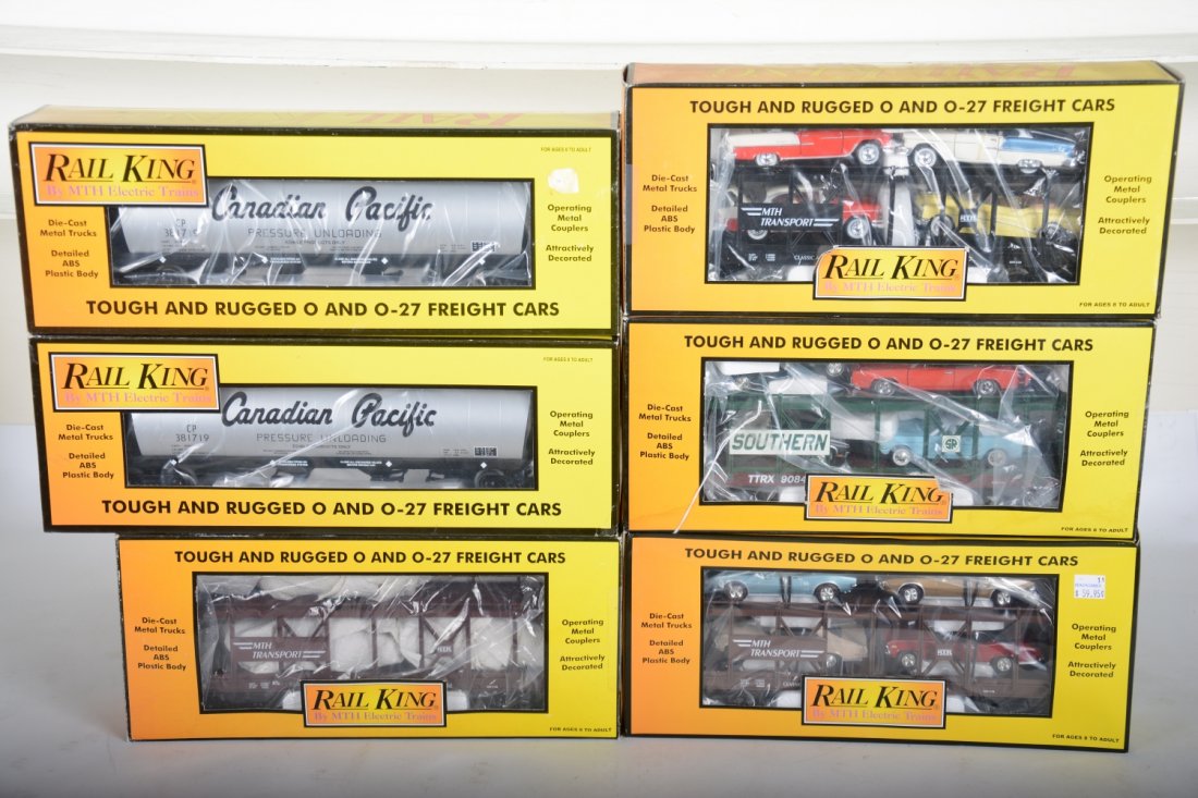 MTH RailKing Freight Cars: Includes auto-loaders- 30-76140, 2 #30-7638; 30-7676; 2 #30-7558 CP tank cars. All appear like new with boxes, C9+-10