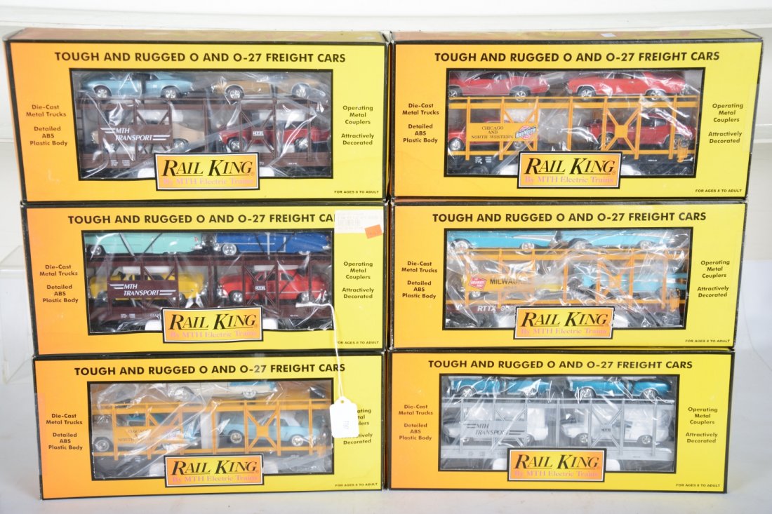 MTH RailKing Auto-Loaders: Includes 30-76139 with Cadillacs; 30-76138 with Pontiacs and Novas; 30-7628 with Cadillacs and Fords; 30-7666 with Cameros and Shelby's; 30-76139 with Cadillacs; 30-76096 with Nomads. All appear new i