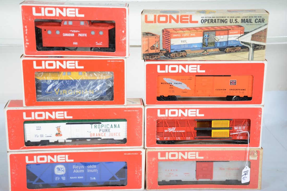 Lionel MPC Freight Cars: Includes 9165 CP caboose; 9861 Tropicana reefer; 9260 Reynolds hopper; 9714 DRGW boxcar; 9301 mail car, no bag with instructions, dusty; 9707 MKT cattle car; 9723 WP boxcar; 9175 Virginian caboose. Al
