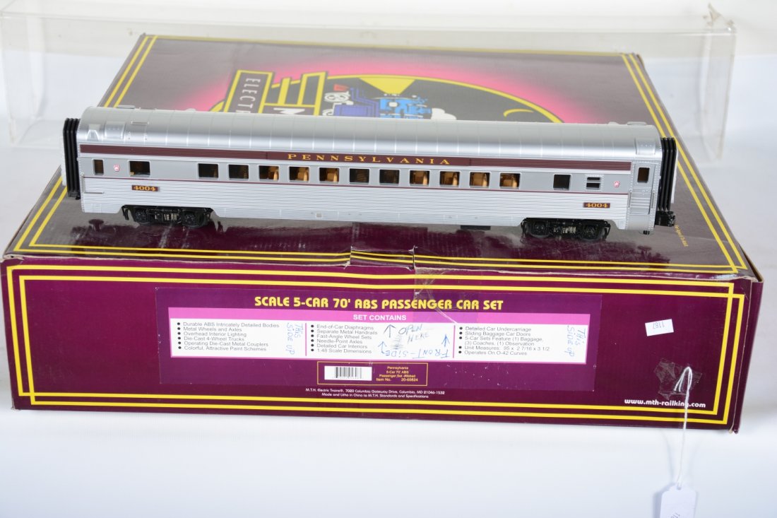 MTH 20-65024 PRR Passenger Cars: 042. Nice 5-car ABS set that are unrun with setbox having light graffiti, C9