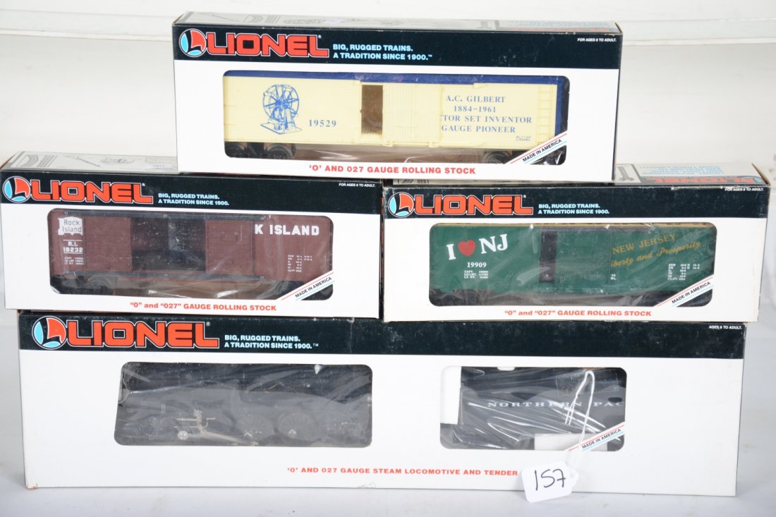 Lionel Steam Freight Set: Includes an 18609 NP cast steam loco with smoke and light; 19232 RI boxcar; 19909 I Luv Jersey boxcar; 19259 AC Gilbert reefer. All show very light runtime with C9 bodies and boxes.