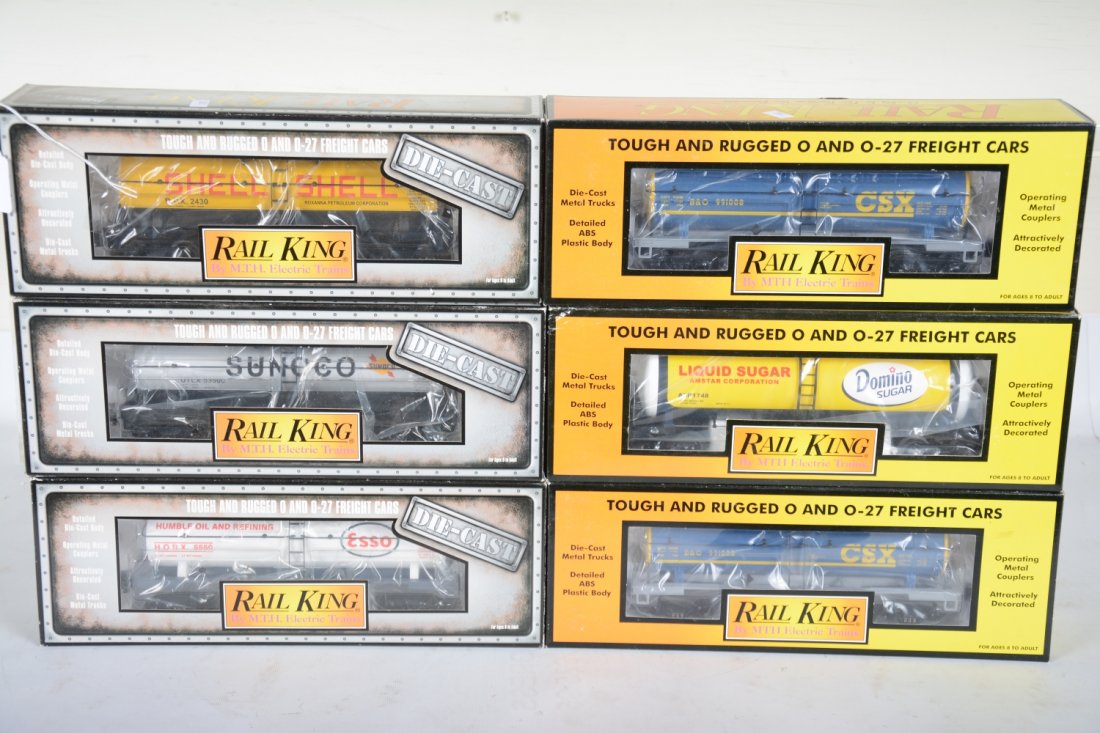 MTH RailKing Tank Cars, 3 Diecast: Includes 30-8110 Esso cat tank car; 30-8112 Sunoco cast tank car; 30-8108 Shell cast tank car; 2 #30-73106 CSX tanks; 30-7374 Domino sugar. All appear new in boxes, C10
