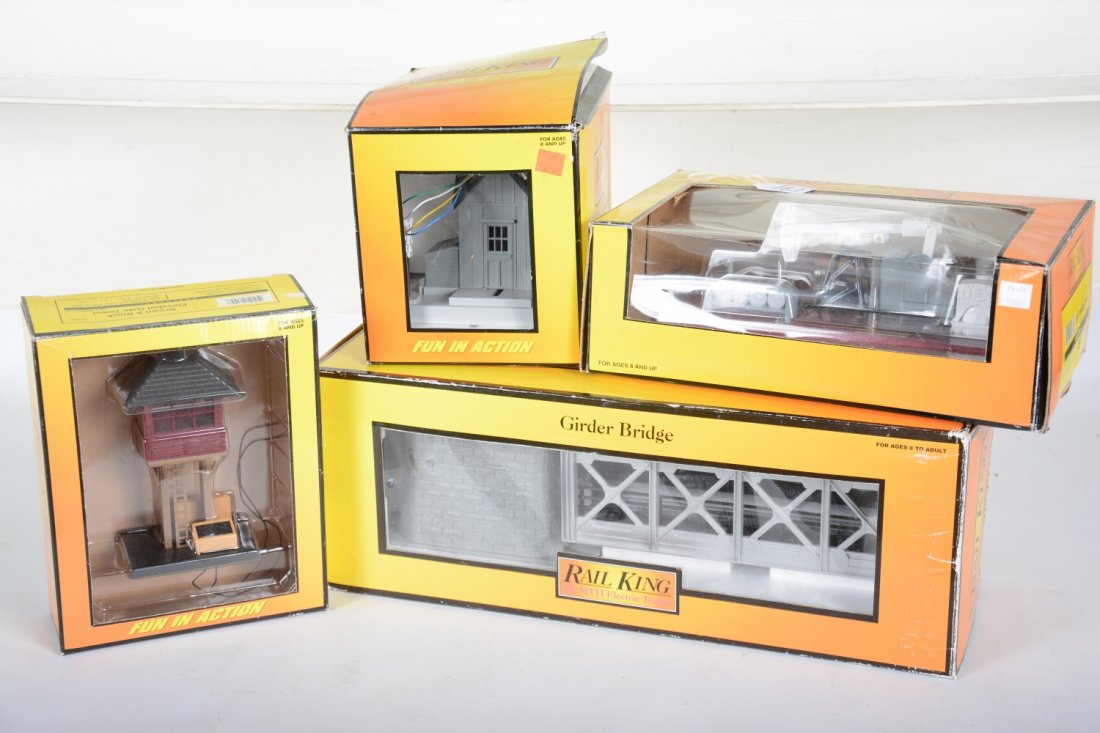MTH RailKing Accessories: Includes a 30-9026 oil pumping station; 30-9129 operating watchman's shanty; 30-9097 elevated gate tower; 40-1014 girder bridge; NO PHOTO 30-9088 vegetable stand. All show light handling with boxes, C