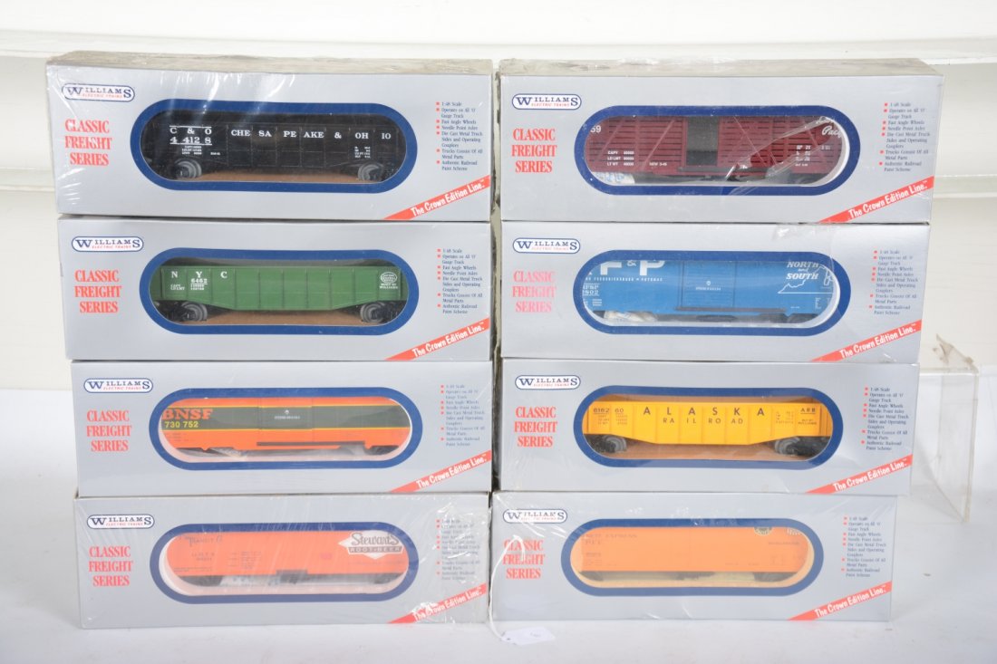 Williams Freight Cars: Includes 64 Stewarts reefer; 67 SP reefer; GC01 Alaska gondola; 02 C&O gondola; 97 BNSF boxcar; 91 RF&P boxcar; 03 NYC gondola; 07 CP stock car. All are new in boxes, most sealed, C10