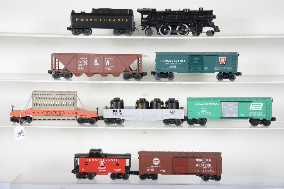 Lionel Steam Freight Set: Includes a 8632 Cast 4-4-2 loco with light & smoke; PRR whistle tender; 9211 PC boxcar; 911 N&W quadhopper; 36261 PRR boxcar; 26053 gondola with canisters; 9232 Allis-Chalmers car; 9704 N&W boxcar; 26